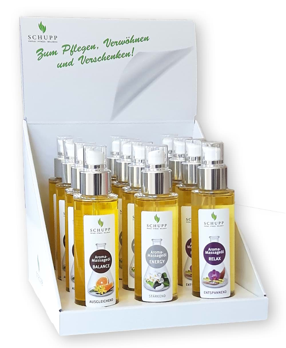 Bild von Display Aroma-Massageöle, Je 4 x 100ml der Sorte Balance Relax Energy